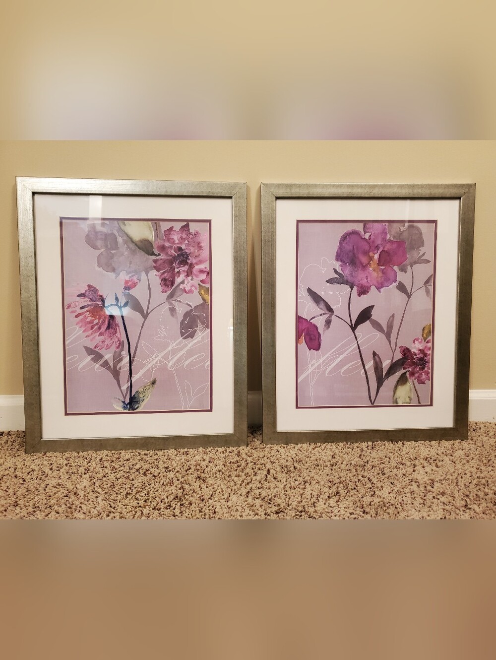 Stupell Industries Set of 2 Floral Wall Art Prints in Purple/ Pink Silver Frames